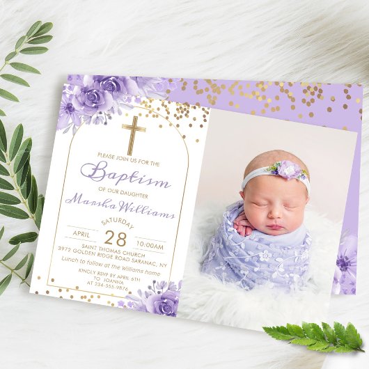 Invitation Arc Parties scintillant or violet Floral Girl Bapt