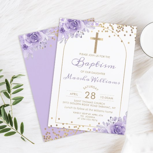 Invitation Arc Parties scintillant or violet Floral Girl Bapt