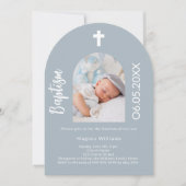 Invitation Arc photo bleu Dusty script Baptême (Devant)