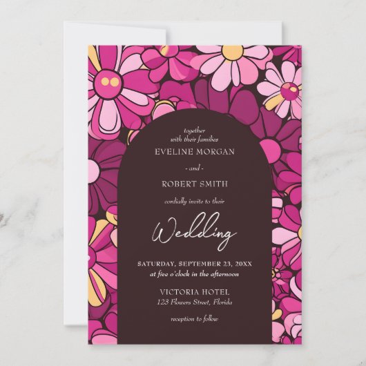 Invitation Arc rétro super magenta rose fleurs boho (Devant)