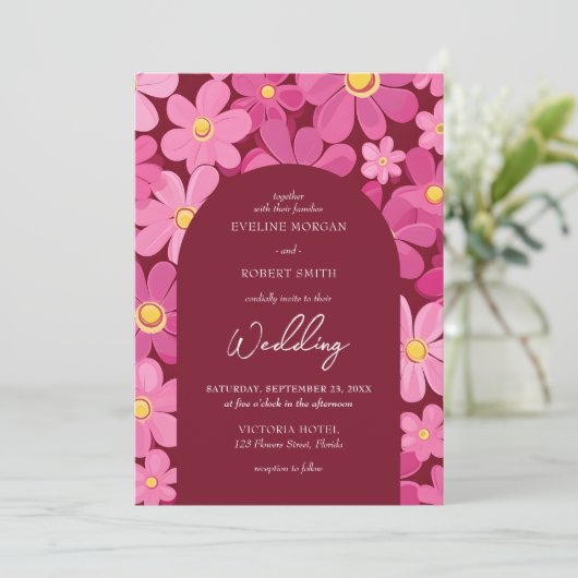 Invitation Arc rétro super rose et jaune fleurs boho (Debout devant)