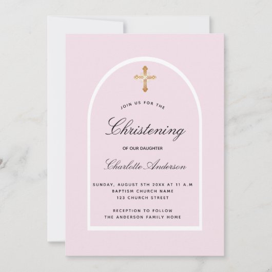 Invitation Arc rose croix or fille simple Christening (Devant)