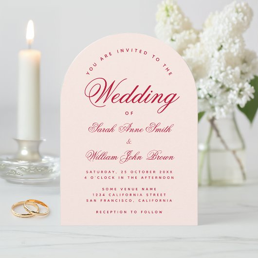 Invitation Arc rose de mariage écriture rouge simple calligra