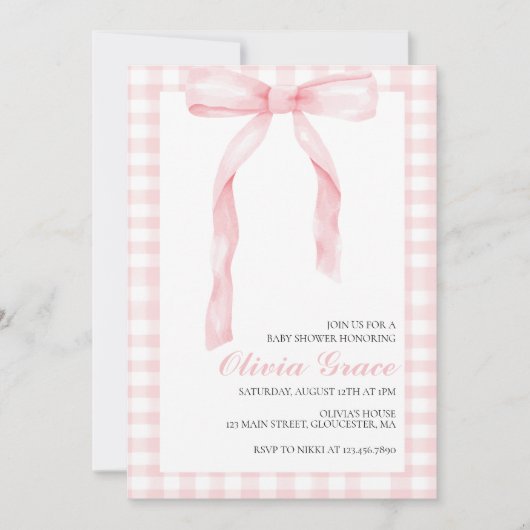 Invitation Arc rose et en vichy baby shower préppant (Devant)
