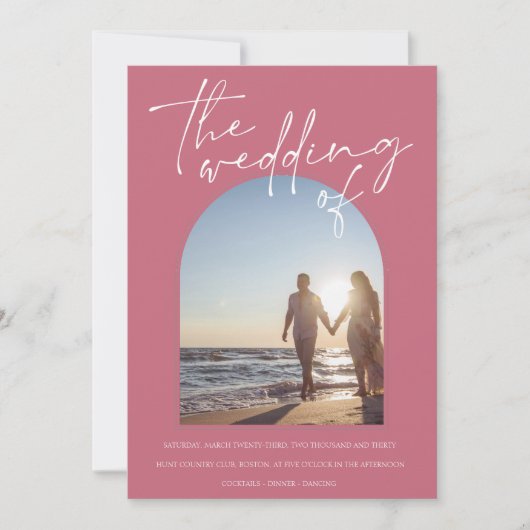 Invitation Arc rose magenta moderne Mariage photo initial (Devant)