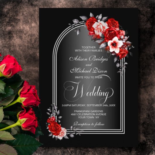 Invitation Arc rouge floral noir gris Mariage