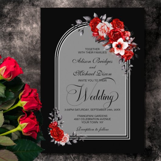 Invitation Arc rouge floral noir Mariage d'argent