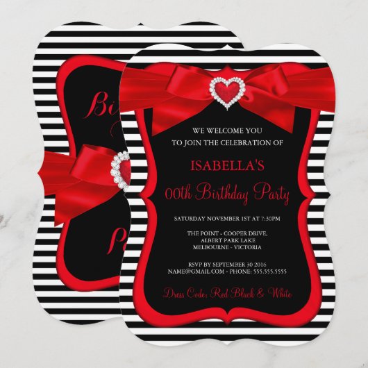 Invitation Arc Rouge Noir Rayure Blanche Fête d'Anniversaire (Devant / Derrière)