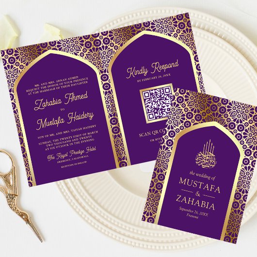 Invitation Arc royal pourpre perse QR Code Mariage musulman