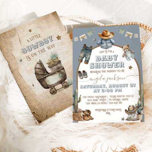 Invitation Arc Rustique Boho Wild West Blue Boy Baby shower