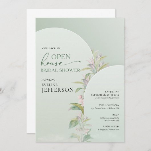 Invitation Arc vert moderne fleurs rousses Open House (Devant / Derrière)