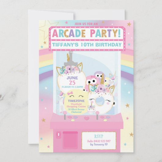 Invitation Arcade Anniversaire Fille Rainbow Unicorn (Devant)