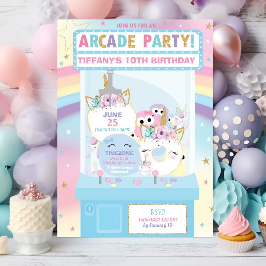 Invitation Arcade Anniversaire Fille Rainbow Unicorn