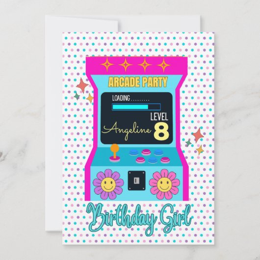 Invitation Arcade Jeu Rétro Anniversaire fête bleu rose (Devant)