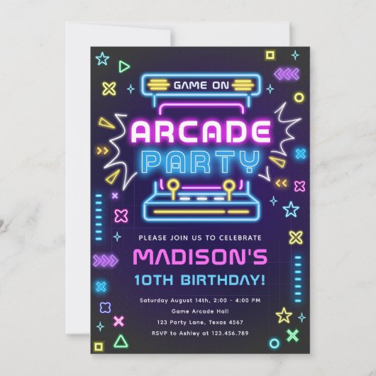 Invitation Arcade Party Glow Neon jeu vidéo sur Fille Anniver (Devant)