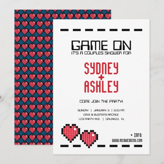 Invitation arcade rétro GAMER MARIAGE couple douche RED LOVE (Devant / Derrière)