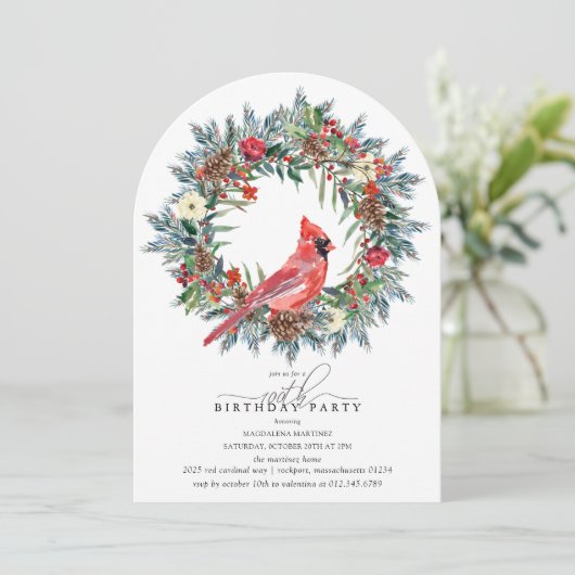 Invitation ARCH 100th Birthday Party Red Cardinal Wreath (Debout devant)