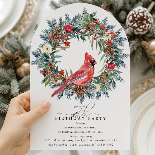Invitation ARCH 25th Birthday Party Red Cardinal Wreath