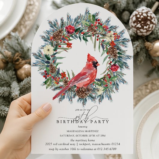 Invitation ARCH 85th Birthday Party Red Cardinal Wreath