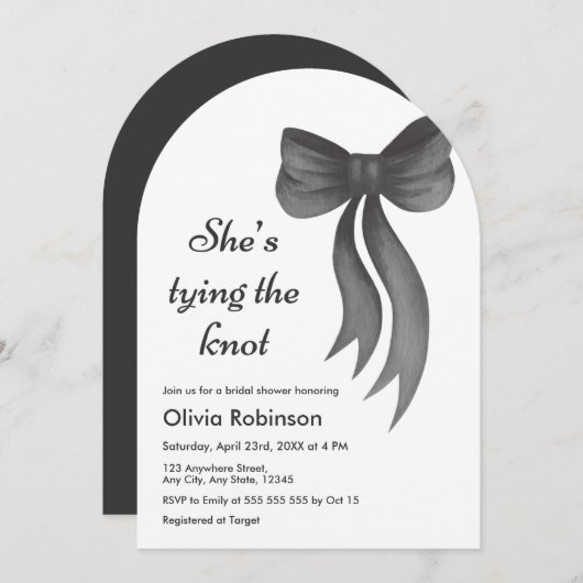 Invitation Arch Black Bow She's Tying the Knot Bridal Shower (Devant / Derrière)