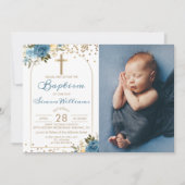 Invitation Arch Bleu bleu floral Parties scintillant or Baptê (Devant)