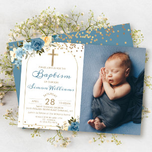 Invitation Arch Bleu bleu floral Parties scintillant or Baptê
