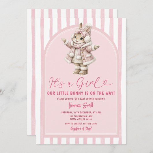 Invitation Arch Boho Cute Bunny pink bow baby shower (Devant / Derrière)
