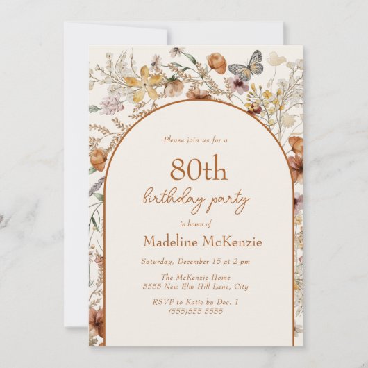Invitation Arch Boho Fleur sauvage 80e anniversaire (Devant)