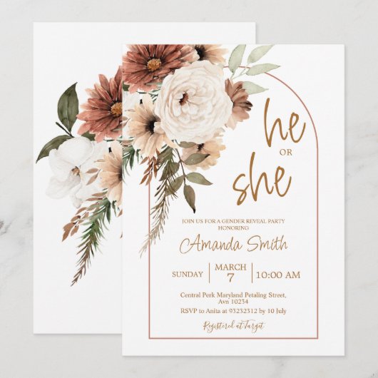 Invitation Arch Boho Floral Genre Révéler Lui ou Elle (Devant / Derrière)