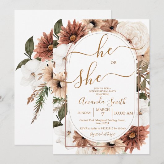 Invitation Arch Boho Floral Genre Revevela Party (Devant / Derrière)