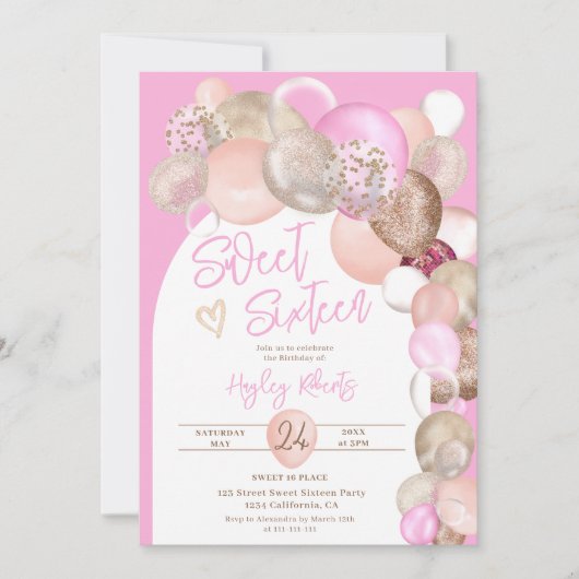 Invitation Arch Boho parties scintillant ballons rose violet  (Devant)