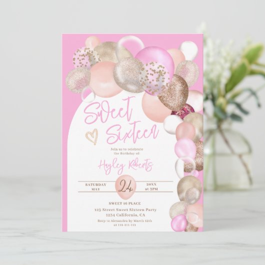 Invitation Arch Boho parties scintillant ballons rose violet  (Debout devant)