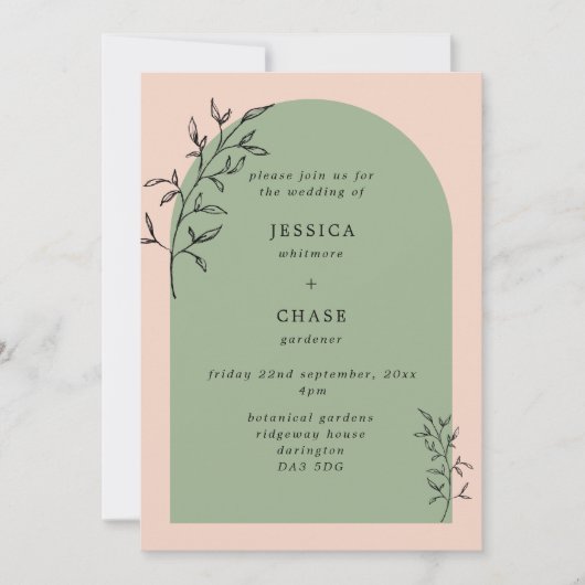 Invitation Arch & Botanique Feuilles Blush & Sage Mariage (Devant)
