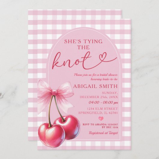 Invitation Arch Bow She's Tying The know Cherry Fête des mari (Devant / Derrière)