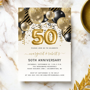 Invitation Arch de ballons noir or pour fête du 50e anniversa