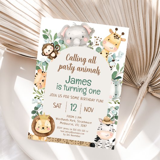 Invitation Arch Foliage Safari Party Animaux 1er anniversaire
