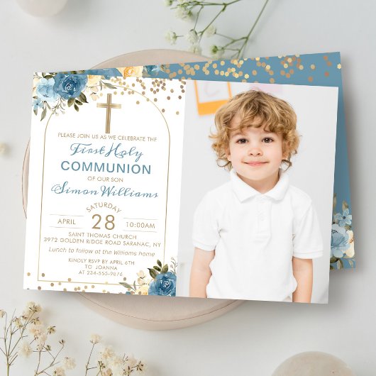 Invitation Arch Gold Dusky Blue Floral First Communal Photo