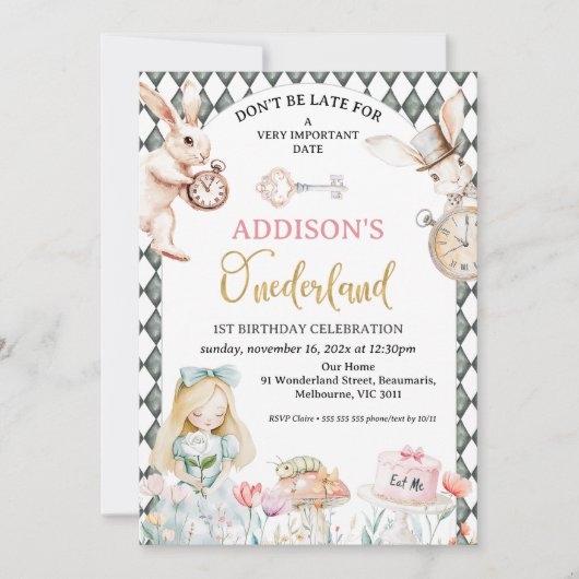 Invitation Arch Grey Diamond Alice dans l'Onederland 1er anni (Devant)