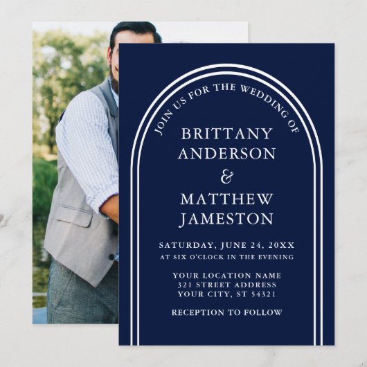 Invitation Arch Mariage moderne et élégant Photo Bleu (Devant / Derrière)