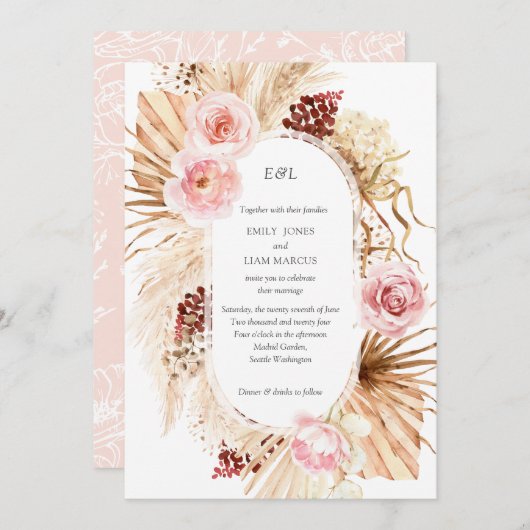 Invitation Arch moderne Aquarelle Boho Pampas Fleurs Mariage (Devant / Derrière)