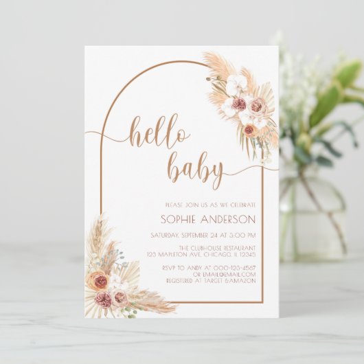 Invitation Arch moderne Boho Pampas Baby shower en herbe (Debout devant)