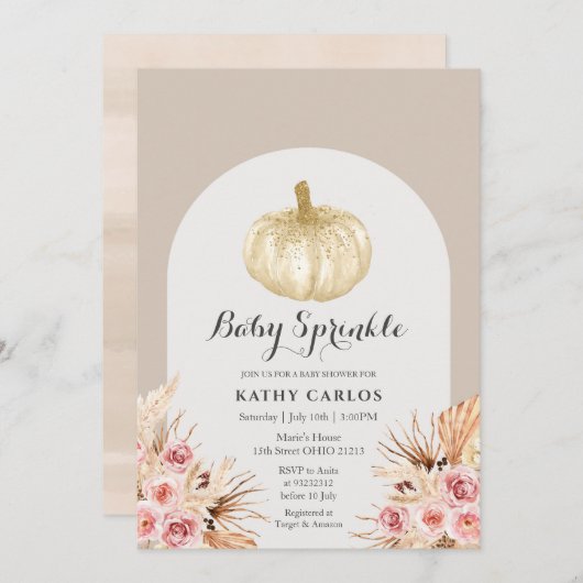 Invitation Arch Pampas Grass White Pumpkin Baby Sprinkle (Devant / Derrière)
