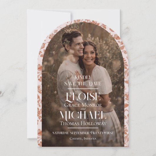 Invitation Arch Photo Floral Toile Script Save the Date (Devant)