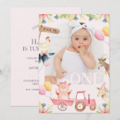 Invitation Arch Photo moderne Pink Tractor Farm 1er anniversa (Devant / Derrière)