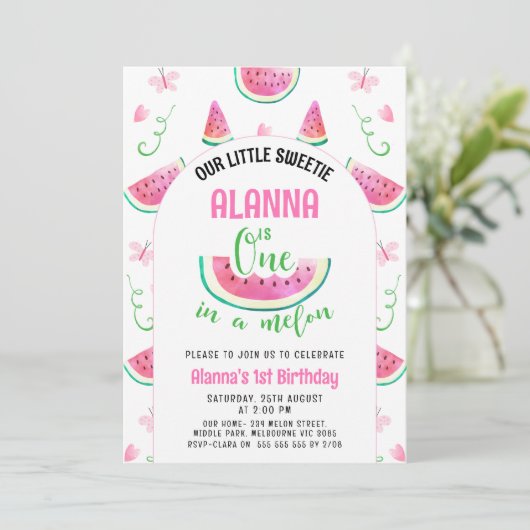 Invitation Arch Pink One In A Melon 1er Anniversaire Invitati (Debout devant)