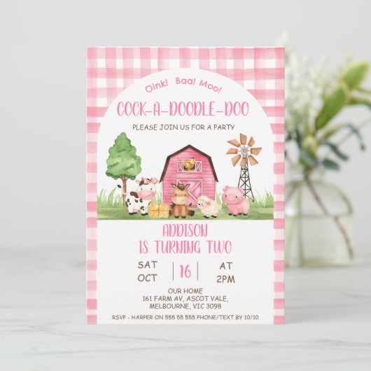 Invitation Arch Pink Plaid Farm Oink Baa Moo 2e anniversaire (Debout devant)