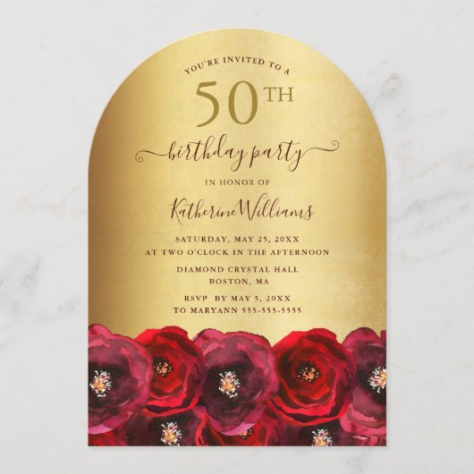 Invitation Arch Red Rose Floral Gold 50th Anniversary Party (Devant)