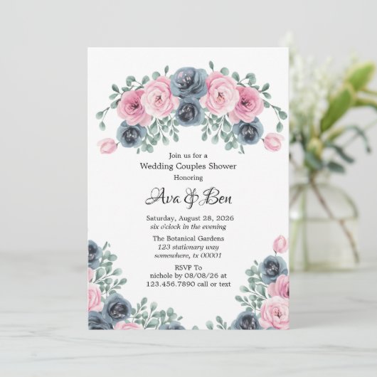 Invitation Arch Rose & Blue Blooms Mariage Couples Douche (Debout devant)