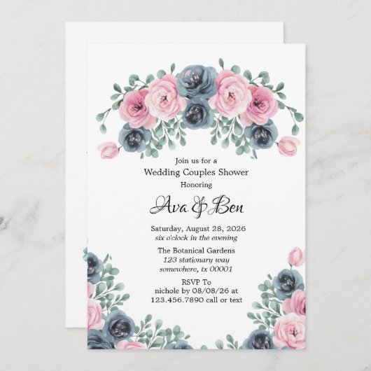 Invitation Arch Rose & Blue Blooms Mariage Couples Douche (Devant / Derrière)
