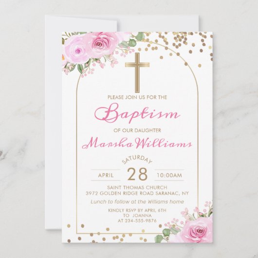 Invitation Arch rose Floral Parties scintillant or fille Bapt (Devant)